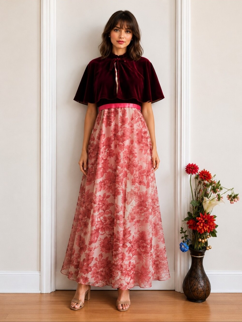Vintage Burgundy Velvet Halter Maxi Dress 1950 Inspired Floral Skirt & Capelet